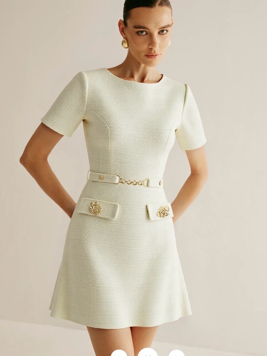 Commense Dresses & Skirts - Metal Detail Tweed Belted Mini Dress with Gold Chain Detail